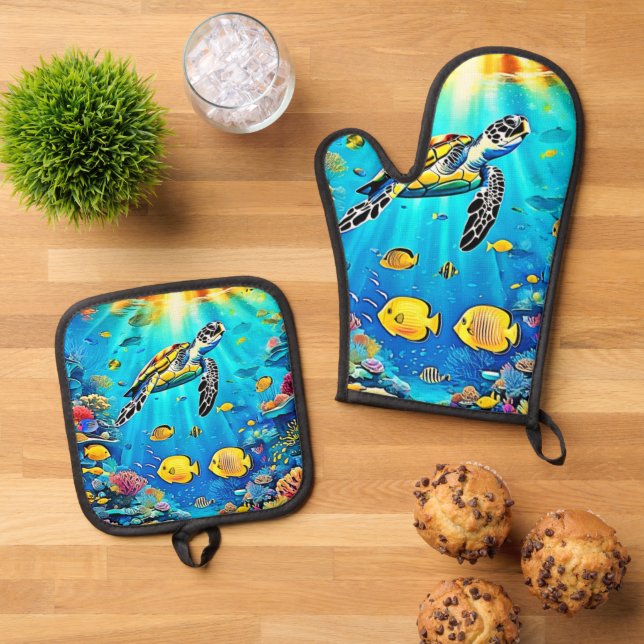 Set De Manoplas Vibrant Sea Turtle Reef Art (De arriba hacia abajo)