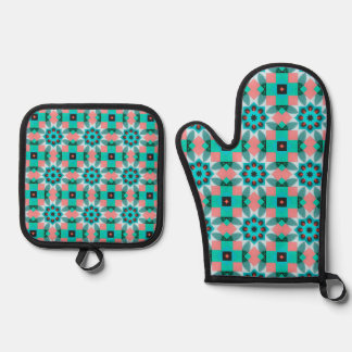Set De Manoplas Vibrant Teal and Salmon Geometric Kaleidoscope Pat