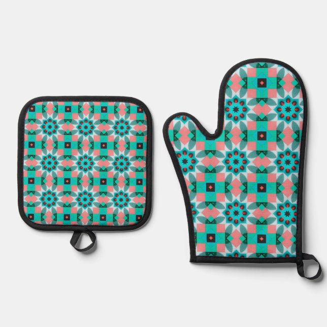 Set De Manoplas Vibrant Teal and Salmon Geometric Kaleidoscope Pat (Anverso)