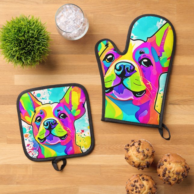 Set De Manoplas Vibrante Bulldog Frenchie Arte Cachorro (De arriba hacia abajo)