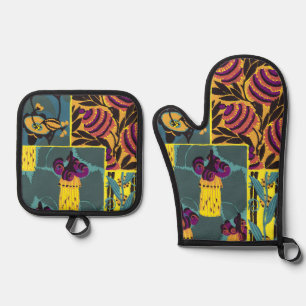 Set De Manoplas Vibrante Estampa Floral Maximalista de Color Púrpu