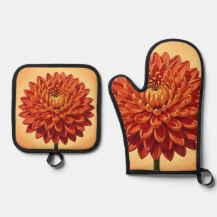 Set De Manoplas Vibrante Flor de Crisantemo Rojo Naranja Botánica