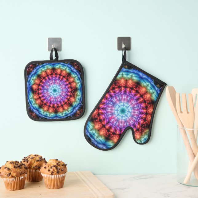 Set De Manoplas Vibrante Tie Dye Kaleidoscope Arcoiris Mandala (Insitu (colgante))