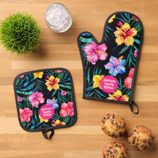 Set De Manoplas Vibrante Trópico Hibiscus Floral Patrón negro (De arriba hacia abajo)