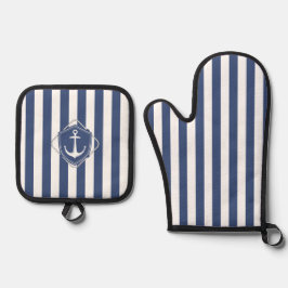 Set De Manoplas Vida de marinero, rayas azules cobálticas y ancla