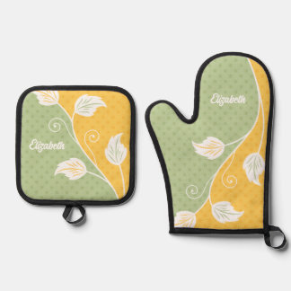 Set De Manoplas Vino floral de polka verde amarillo personalizado