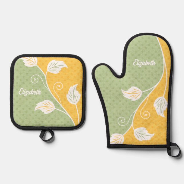 Set De Manoplas Vino floral de polka verde amarillo personalizado (Anverso)