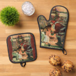 Set De Manoplas Vintage Christmas, victoriano Santa Claus Children<br><div class="desc">Ilustracion de época Victorian Festividad navideña Feliz Navidad con un alegre Papá Noel entregando juguetes a dos niños durmiendo cerca de la chimenea en la Noche Navidad. La niña está recibiendo una muñeca de juguete. Una corona de hojas huecas está colgada en el manto sobre el fuego.</div>