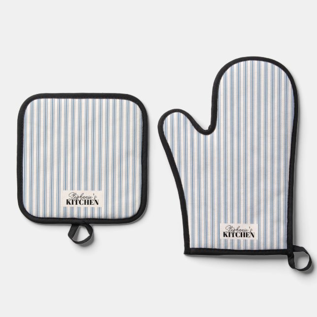 Set De Manoplas Vintage Farmhouse Ticking Stripe Blue  (Anverso)