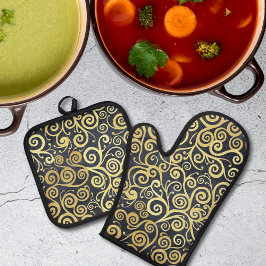 Set De Manoplas Vintage Gold Swirls Patrón Lujo Carbón Gris