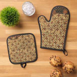 Set De Manoplas Vintage Indonesio Patrón Batik Kawung Rústico