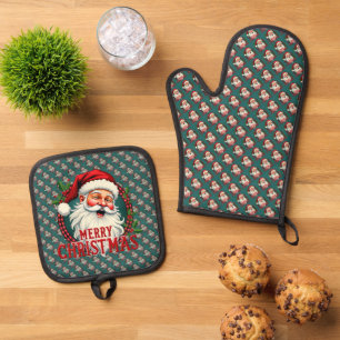 Set De Manoplas Vintage Santa Merry Christmas Ilustracion Patten