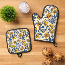 Set De Manoplas Vintage Yellow Orange Folk Floral Blue Leaf