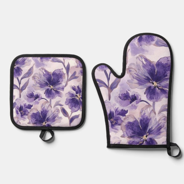 Set De Manoplas Violet Blooms Watercolor Purple Flowers Painted (Anverso)