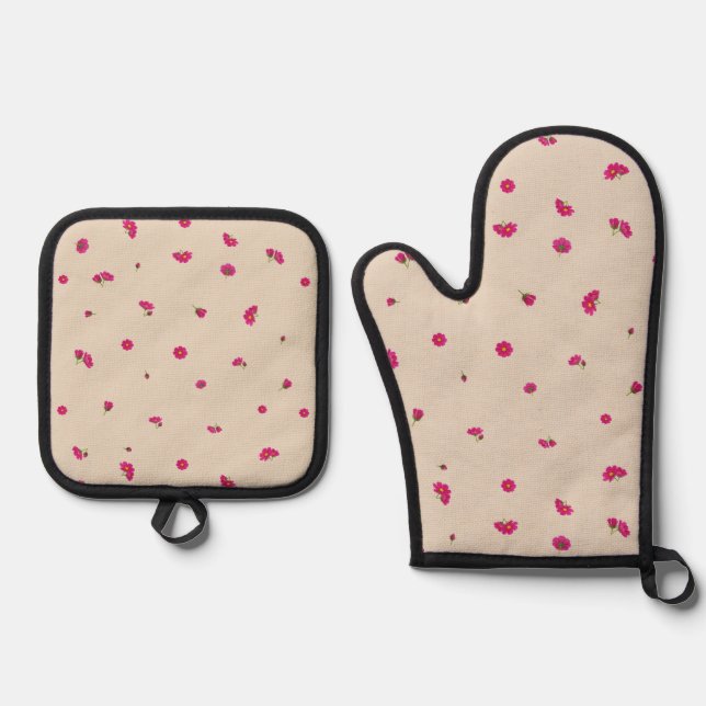 Set De Manoplas Warm Beige Deep Pink Cosmos Floral Pattern (Anverso)