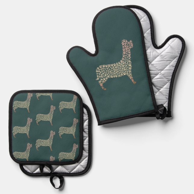 Set De Manoplas Warm Gold Gradient Paw Print Dog Silhouette Fabric (Anverso/Reverso)