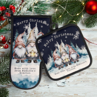 Set De Manoplas Watercolor Christmas Gnomes Personalized