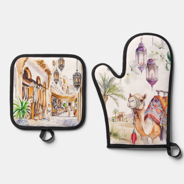 Set De Manoplas Watercolor Moroccan Kitchen Artistry (Anverso)