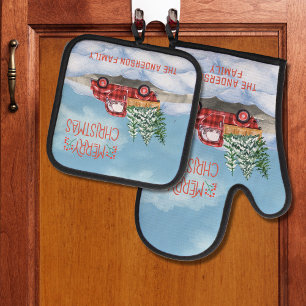Set De Manoplas Watercolor Plaid Red Truck Nieve Feliz Navidad
