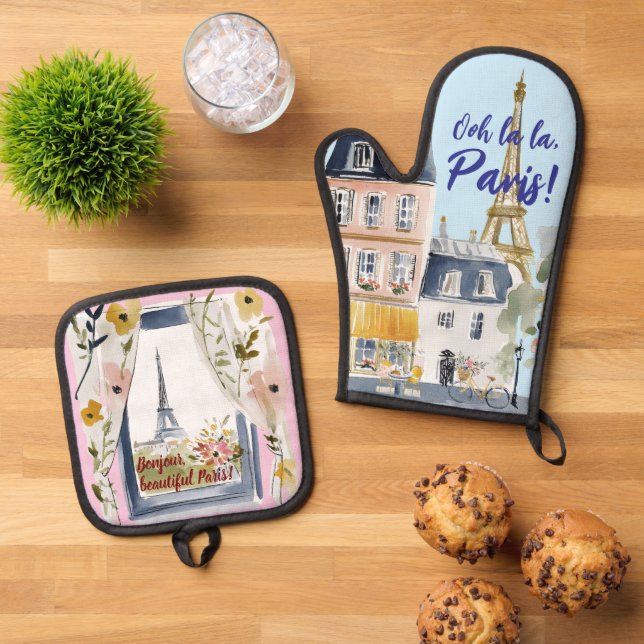 Set De Manoplas Watercolor Romantic Paris Kitchen Artistry (De arriba hacia abajo)