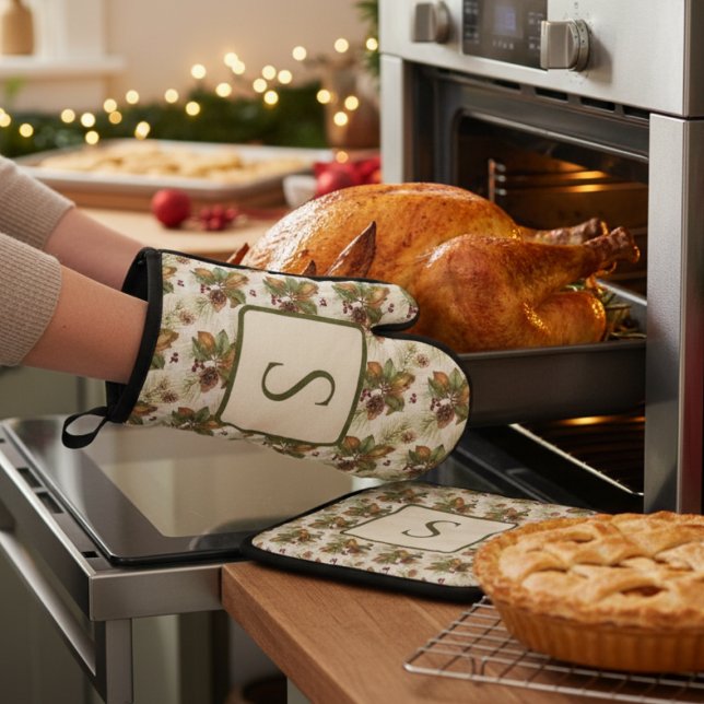 Set De Manoplas Watercolor Winter Botanical Pattern (Holiday monogram oven mitt set)