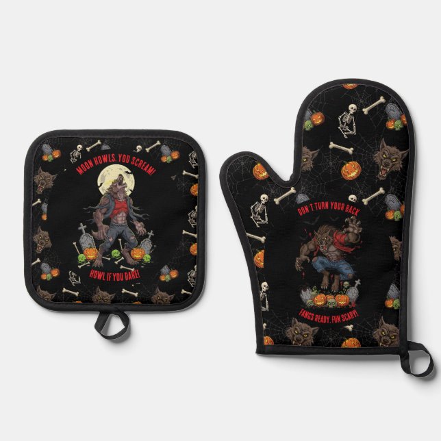 Set De Manoplas 🔥 Werewolf Oven Mitts & Pot Holders 🐺 🎃 (Anverso)