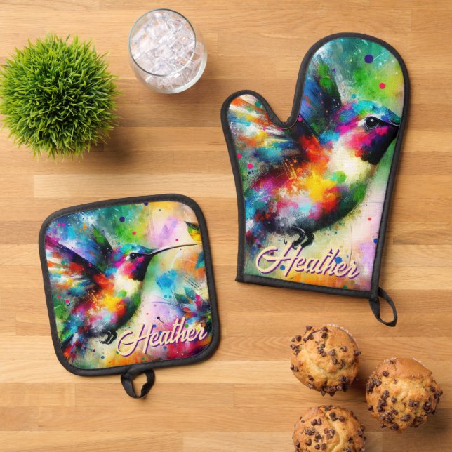 Set De Manoplas Whimsical Colorous Hummingbird Bird Personalizado (De arriba hacia abajo)