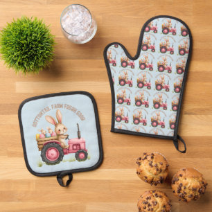 Set De Manoplas Whimsical Easter Bunny Farm Vintage Tractor