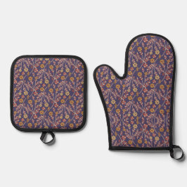 Set De Manoplas Whimsical Floral Design with Vines on Purple Back