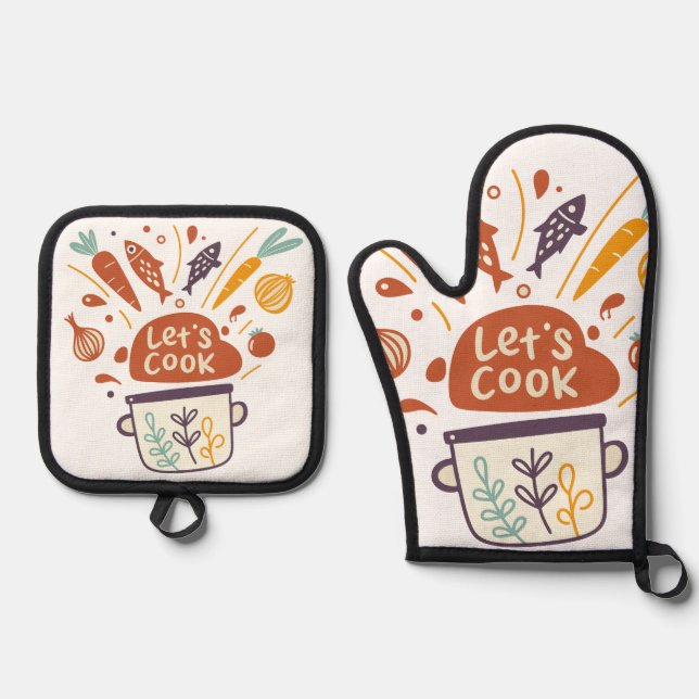 Set De Manoplas Whimsical Kitchen Scene with "Let's Cook" Text - (Anverso)