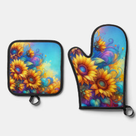 Set De Manoplas Whimsical Surreal Sunflowers