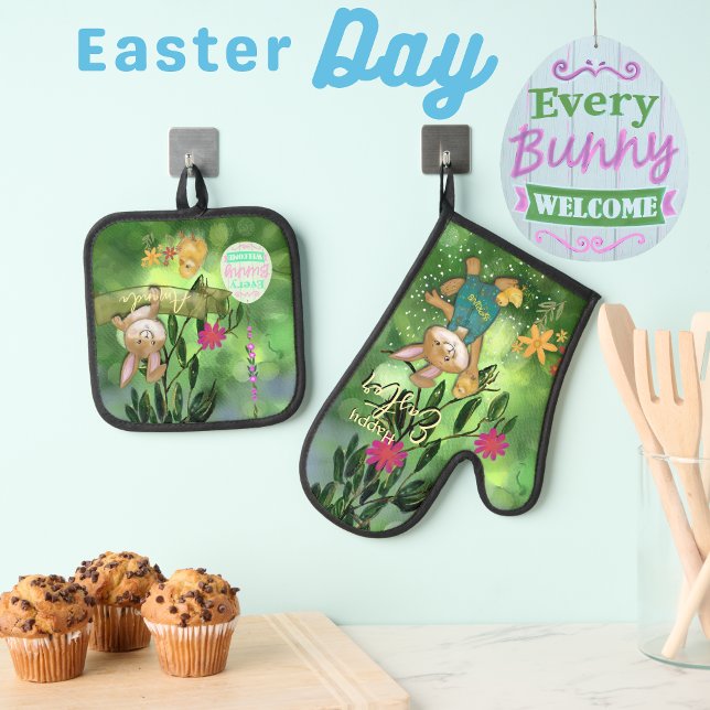 Set De Manoplas Whimsical Watercolor Bunny (Whimsical Watercolor Bunny Oven Mitt & Pot Holder Set)
