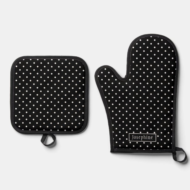 Set De Manoplas White On Black Polka Dots Pattern With Custom Name (Anverso)
