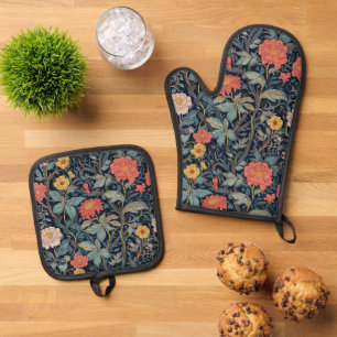 Set De Manoplas William Morris Azul Turquesa Artes y Oficios Flora