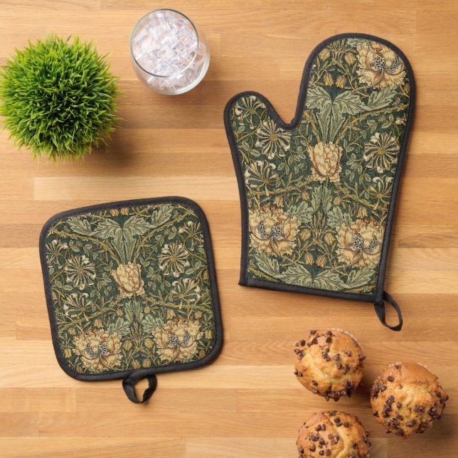 Set De Manoplas William Morris Honeysuckle Green Floral (De arriba hacia abajo)