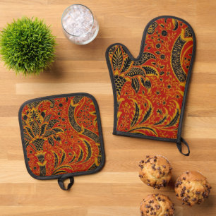 Set De Manoplas William Morris India Rojo Floral Vintage Clásico
