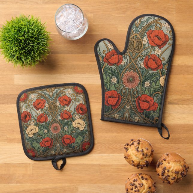Set De Manoplas William Morris Poppies Floral Art Nouveau Pattern  (De arriba hacia abajo)