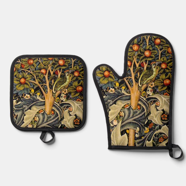 Set De Manoplas William Morris Woodpecker Tapestry Arts & Crafts (Anverso)