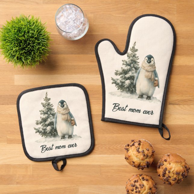 Set De Manoplas Winter Penguin “Best Mom Ever” Design (De arriba hacia abajo)
