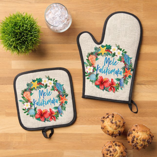 Set De Manoplas Wreath de Mele Kalikimaka Hawaiian Beach Navidades (De arriba hacia abajo)