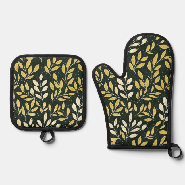 Set De Manoplas Yellow and Cream Leafy Branches Pattern  (Anverso)