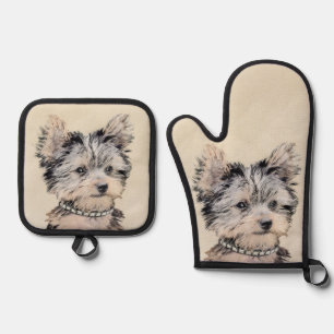 Set De Manoplas Yorkshire Terrier Puppy Pintando Arte Original De
