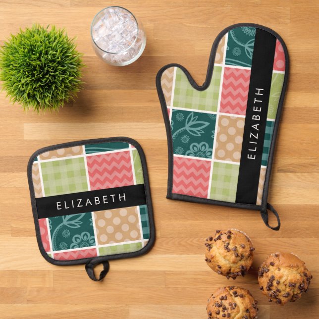 Set De Manoplas Zigzag, Chevron, Gingham, Puntos Polka, Tu Nombre (De arriba hacia abajo)