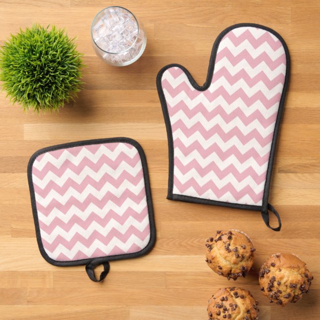 Set De Manoplas Zigzag rosa, Chevron rosado, patrón geométrico (De arriba hacia abajo)