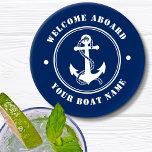 Set De Posavasos Bienvenido a bordo nombre barco Anchor Rope Naval<br><div class="desc">Una montaña rusa de temática náutica con bienvenida a bordo y tu nombre de barco personalizado u otro texto deseado. Cuenta con un ancla y cuerda de barco diseñada por un personalizado. Viene de blanco sobre azul marino o cambia fácilmente el color básico para que coincida con la decoración actual....</div>