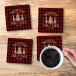 Set De Posavasos Cabina Nombre Familia Red Búfalo Juego de Pasamano<br><div class="desc">Crea un conjunto personalizado de montaña de 4 con mantas rústicas de protección de búfalos rojos y negros y una imagen de pinos boscosos en el bosque con tu texto personalizado en castaño (mostrado con NOMBRE FAMILIA CABIN y fecha establecida por el año). Todo el texto es editable. Ideal para...</div>