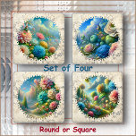 Set De Posavasos COASTER SET (4) - Floral Landscapes -Round/Square<br><div class="desc">A set of 4 ACRYLIC coasters, each with a different round colorful abstract/surreal AI-Generated image. ►The sets are available in either 4 round or 4 square coasters (shown here as square), each coaster displays one of the four round images on a marble-like (an image) background. ►The marble image can be...</div>
