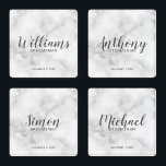 Set De Posavasos Groomsmen personalizado de mármol blanco moderno<br><div class="desc">Modern Script Personalized Groomsmen Coaster que presenta el nombre del groomsman personalizado en estilo de letra de escritura moderno gris con título y fecha boda en modernos sans serif estilo de fuente sobre fondo de mármol blanco. También perfecto para la empleada de honor, la niña flor, la madre de la...</div>