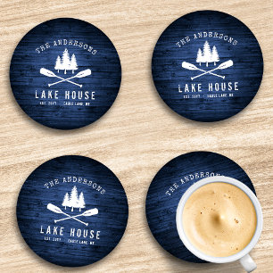 Set De Posavasos Impresión Rustic Lake House Boat Oars Trees Blue W