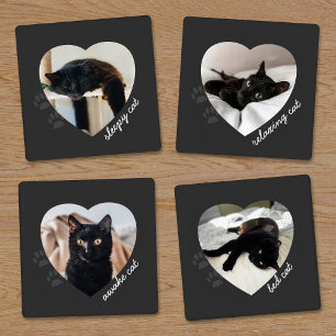 Set De Posavasos Personalizado Mascota de foto de gato negro Nombre
